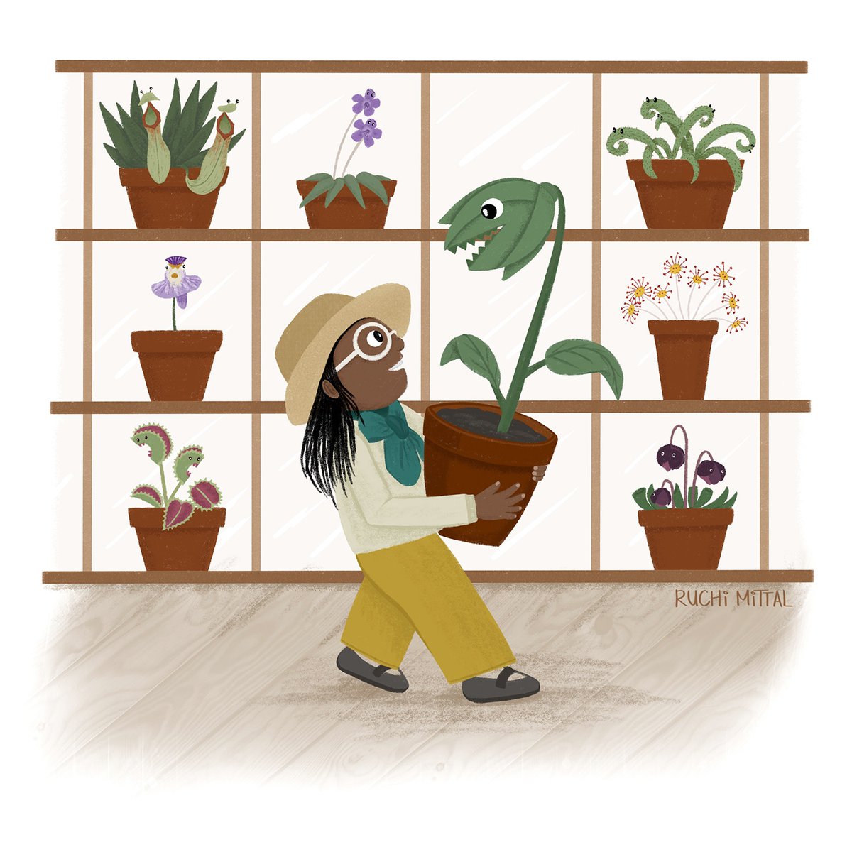 My final piece for the #letsmakepicturebooks 'unusual pets' theme was this kid scientist with sentient carnivorous plant pets 
.
#illustratingchildrensbooks #picturebookartist #childrensbookillustration #picturebookillustrations #kidlitart #diversepicturebooks #ruchimittalart