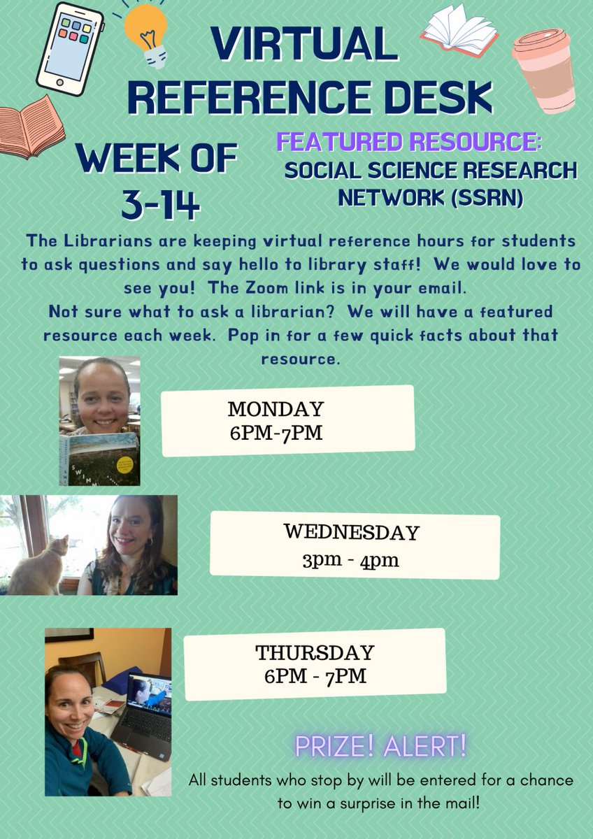 UMassLawLibrary's tweet image. Join us for #VirtualReferenceDesk this week!  We are talking about SSRN or anything you would like to discuss.  Zoom link sent via email.  Hope to see you there!