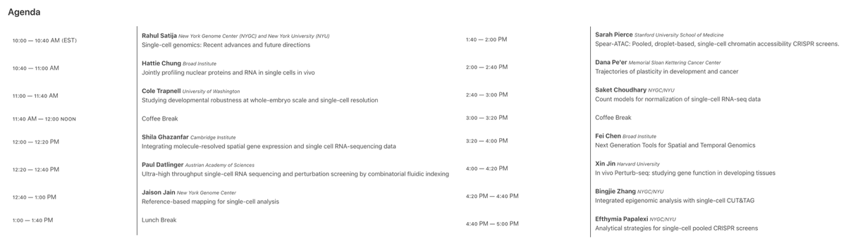 Interested in single cell genomics but need help getting started? Check out the full agenda for our Single Cell Genomics Day next Friday (3/26). All talks will be live-streamed (no registration required) at satijalab.org/scgd21/