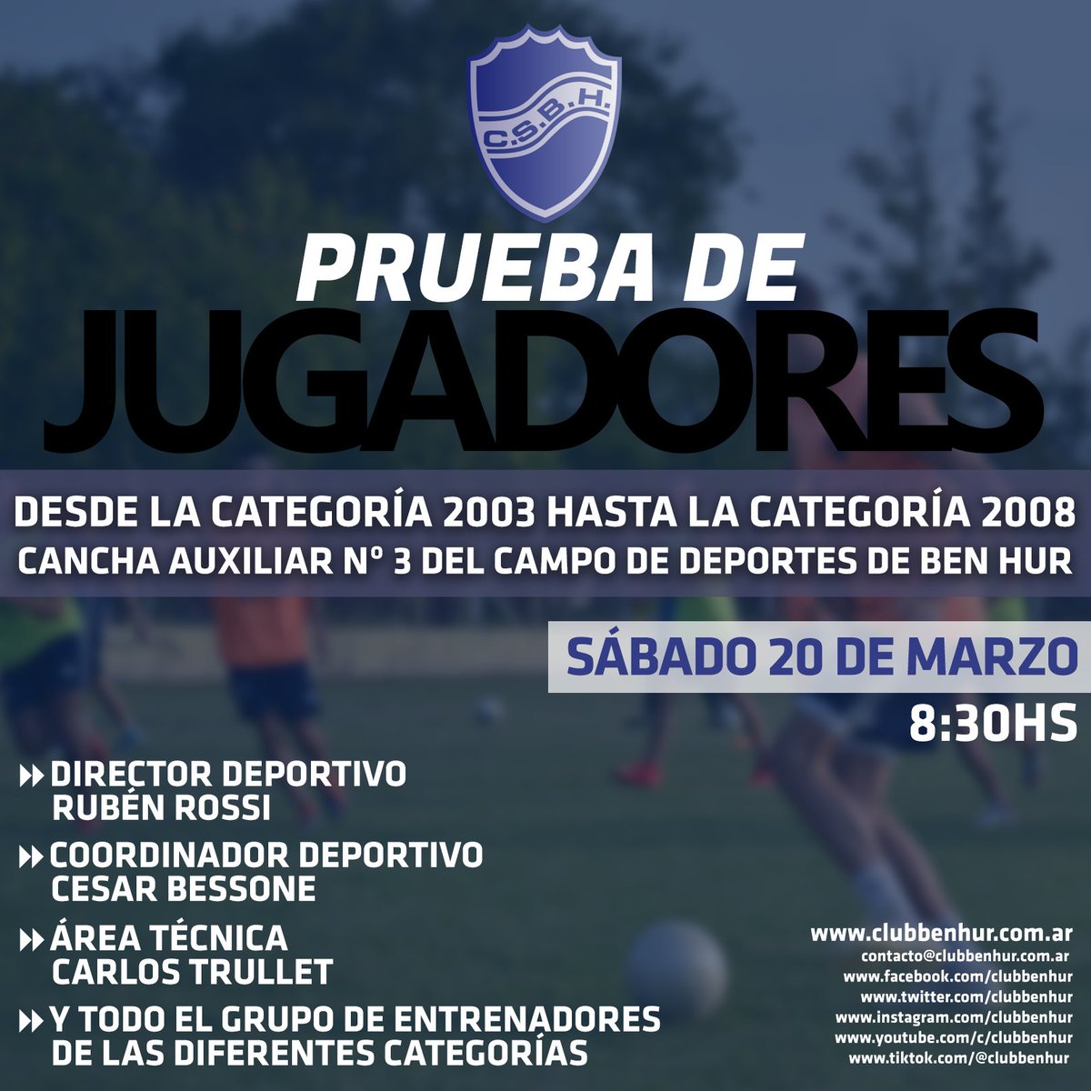 clubbenhur's tweet photo. ¡PRUEBA DE JUGADORES! ⚽️
➡️ #Cat2003 a #Cat2008
➡️ Sábado 20 de Marzo 8:30hs
➡️ #Auxiliar3 del Campo de Deportes #BenHur 
¡TE ESPEREAMOS!
#VamosLobos 🔵⚪️🔵 https://t.co/mJcm38kS5r