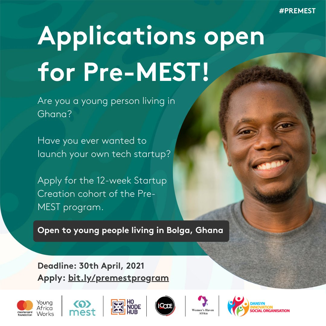 DansynSocial's tweet photo. The #PreMEST program is accepting applications! This time, for its first ever #startupcreation cohort.
We're looking for future software #entrepreneurs in Bolgatanga to join the early-stage 12-week #PreMEST program and launch tech startups!
Apply now at https://t.co/NBEket3qPR https://t.co/SOcyvQnnQv