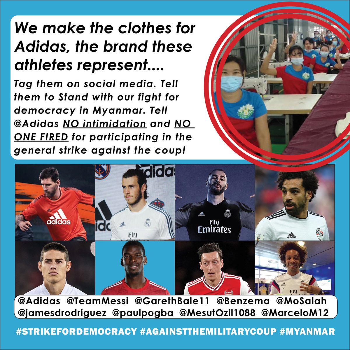 Hutch_cj's tweet photo. @ZweLwinMyanmar I hope Adidas endorsed stars sign! @Beyonce @AaronRodgers12 @Dame_Lillard @drose @JHarden13
#Myanmar #AgainstMyanmarMilitaryCoup #strikefordemocracy
@adidas
@adidasoriginals
@TeamMessi
@jamesdrodriguez
@GarethBale11
@MesutOzil1088
@MarceloM12
@Benzema
@MoSalah
@paulpogba https://t.co/wzFsFE5zat