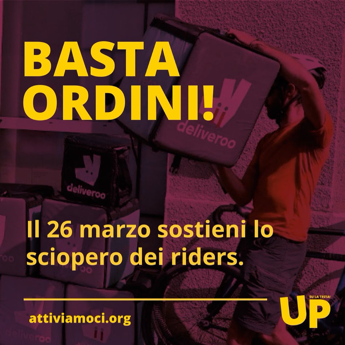⛔️ BASTA ORDINI! 
❌ SCIOPERO DEI RIDERS.
Il 26 marzo sostieni lo sciopero dei riders e NON utilizzare nessun servizio di consegna a domicilio tramite piattaforma, non effettuare ordini. 
#Il26NonOrdino
#MaiPiùConsegneSenzaDiritti 
 #NonPerNoiMaPerTutti 
#RidersAgainstTheMachine