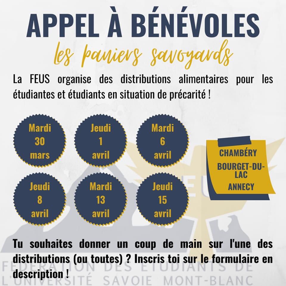[LES PANIERS SAVOYARDS 🥕]
Appel à bénévoles 

La FEUS lance ses distributions alimentaires gratuites pour les étudiantes et étudiants de l'USMB !

Pour t'inscrire en tant que BÉNÉVOLE, ça se passe sur ce lien :   bit.ly/3tbsd8Z