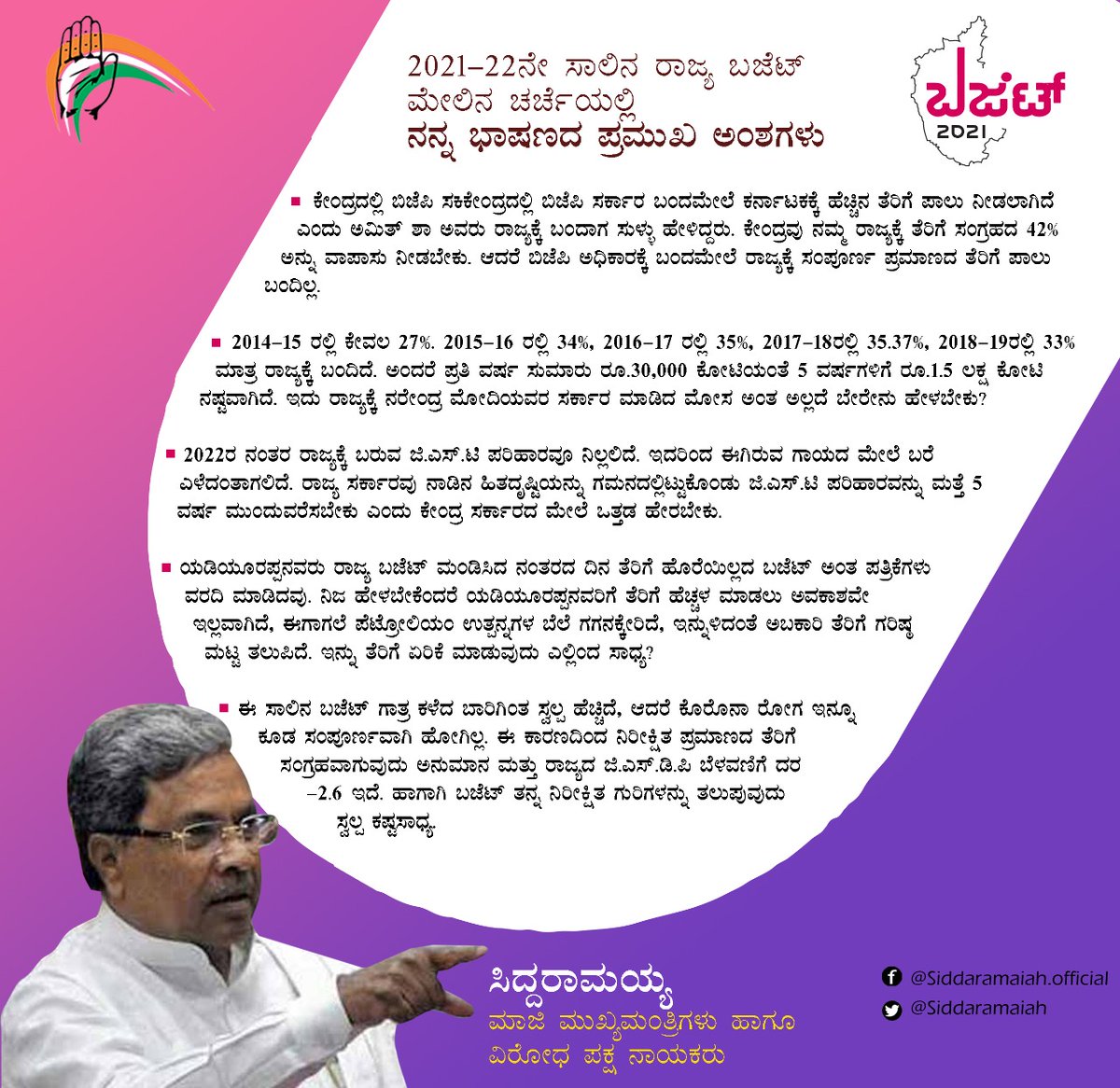 siddaramaiah's tweet photo. ಇಂದಿನ ವಿಧಾನಸಭಾ ಅಧಿವೇಶನದಲ್ಲಿ ನಡೆದ ರಾಜ್ಯ ಬಜೆಟ್ ಮೇಲಿನ ಚರ್ಚೆಯ ಸಂದರ್ಭದಲ್ಲಿ ನನ್ನ ಭಾಷಣದ ಪ್ರಮುಖ ಅಂಶಗಳು. https://t.co/L6Gtems3l2