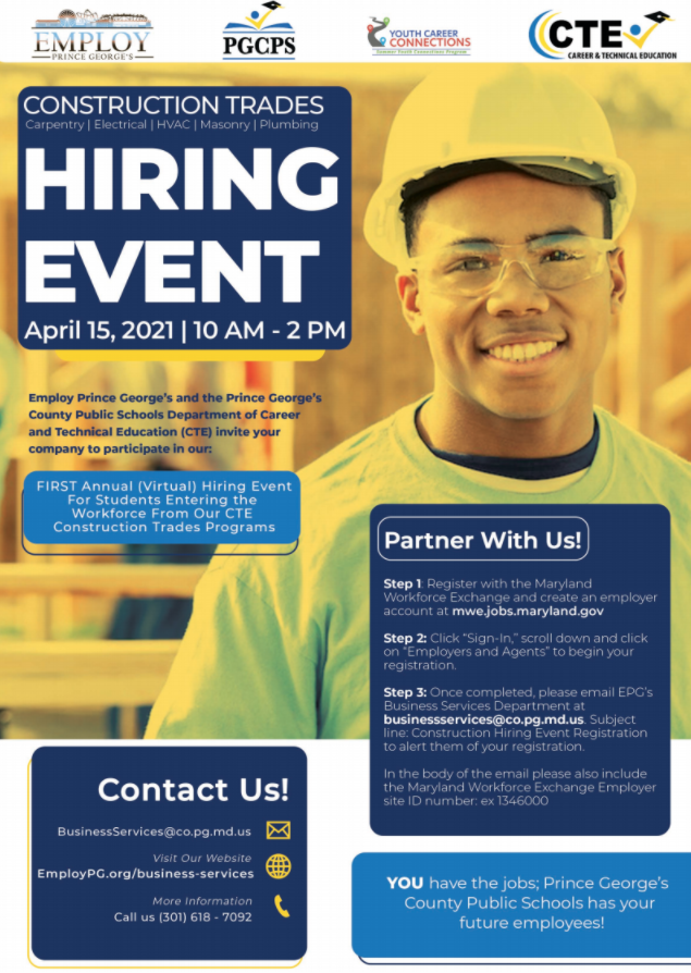 pgcps's tweet photo. Seeking local businesses hiring in carpentry, electrical, HVAC, masonry and plumbing to connect with student candidates from our construction trades programs! 

Register to attend our April virtual hiring event and spread the word! https://t.co/RCHN9XTDj4 https://t.co/dLliowy3L7