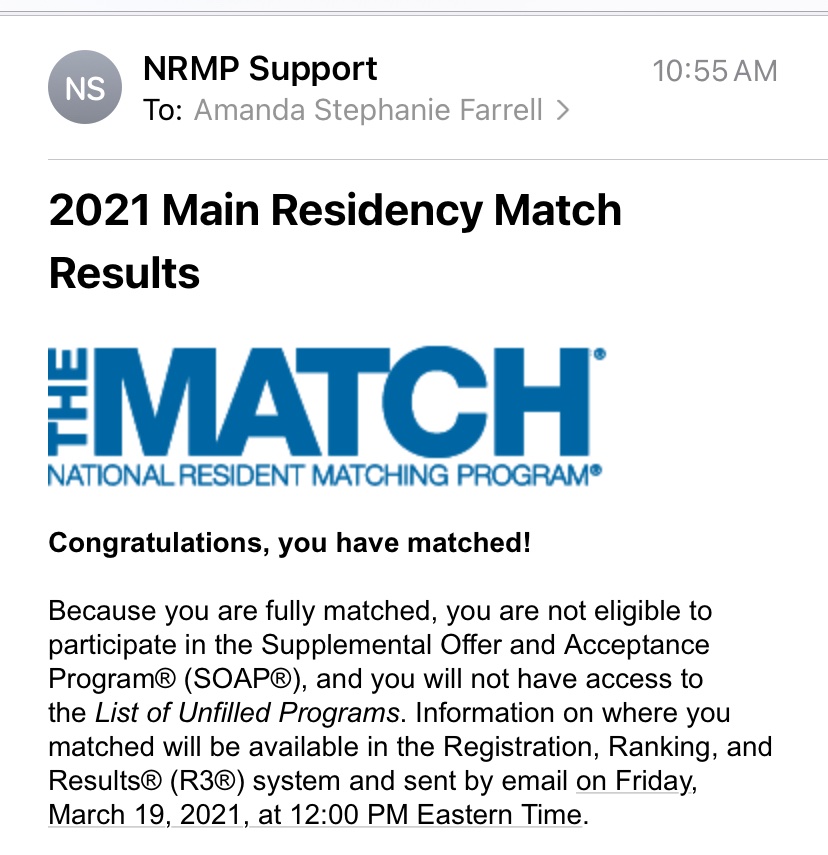 AmandaSFarrell's tweet photo. The last 10 mins of waiting nearly took me out but I MATCHED, Y’ALL 🥳🥳🥳 So excited to find out where I get to be for 4 years #futureobgyn #medtwitter #obgyntwitter #Match2021 https://t.co/MPu5e5thWS