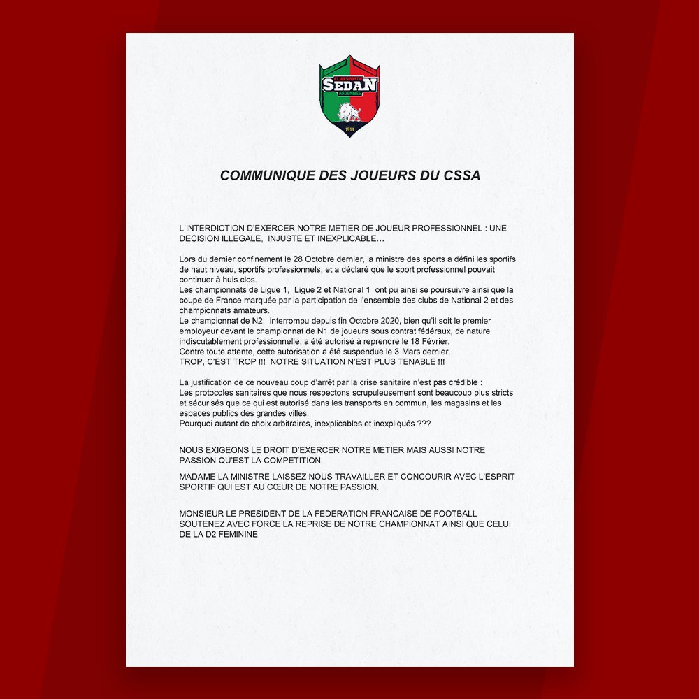 _CSSA's tweet image. 🚨ℹ Les joueurs du CSSA, représentés par Aziz Dahchour et Geoffrey Lembet, s'expriment à leur tour suite à l'arrêt du championnat de N2 via un communiqué que vous pouvez lire ici ➡ bit.ly/2OySi3d

@francefootball , @footnational, @Actufoot_com, @lequipe