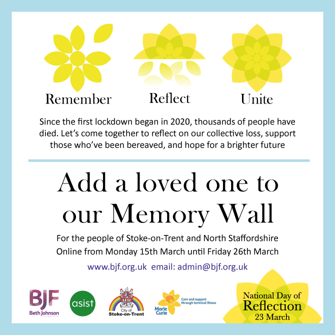 BethJohn64's tweet photo. Supporting @mariecurieuk National Day of Reflection 23rd March, we have launched our Memory Wall today for people in North Staffs &amp; Stoke on Trent. To add loved one's see our website https://t.co/daQcub4uCz Please share on your networks #DayOfReflection #Remember #Reflect #Unite https://t.co/Gd1adrDYQX