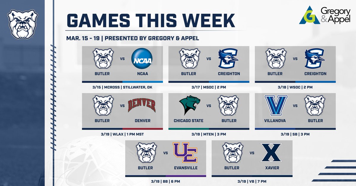 ButlerAthletics's tweet image. A look at the week ahead, presented by 
@GregoryAppel

Although we have a lot of road games this week, you can still support BU!

Every adventure has setbacks - Gregory &amp;amp; Appel's daily quest is to guide people and businesses forward withe decisions in the face of risk.
#GoDawgs
