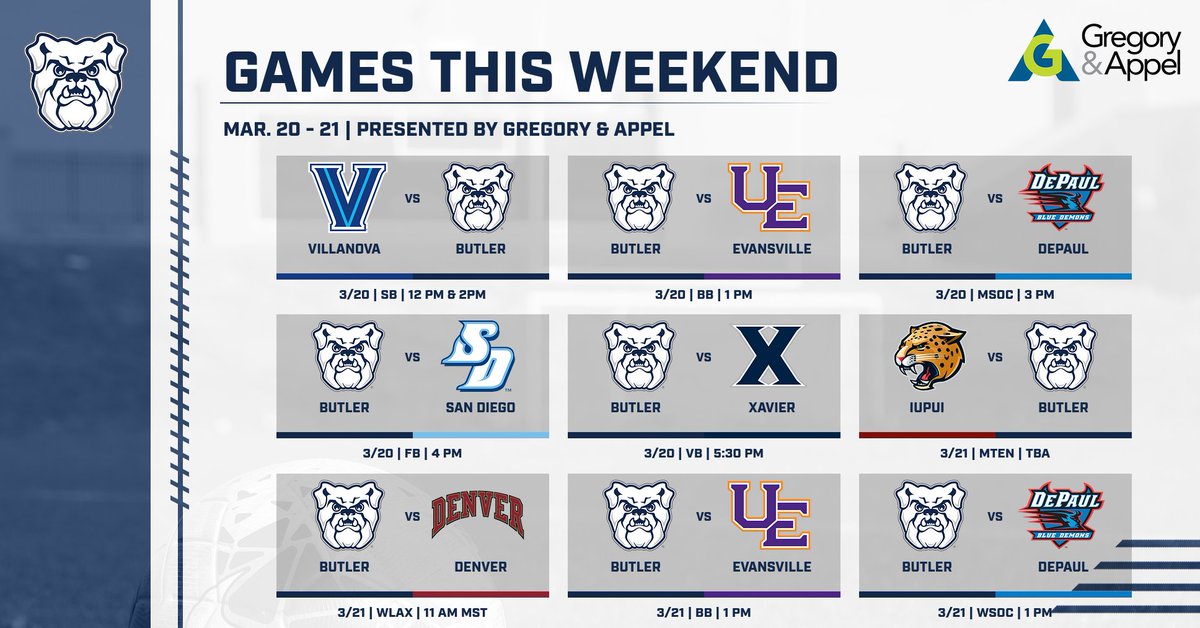 A look at the week ahead, presented by 
<a href="/GregoryAppel/">Gregory & Appel</a>

Although we have a lot of road games this week, you can still support BU!

Every adventure has setbacks - Gregory &amp; Appel's daily quest is to guide people and businesses forward withe decisions in the face of risk.
#GoDawgs