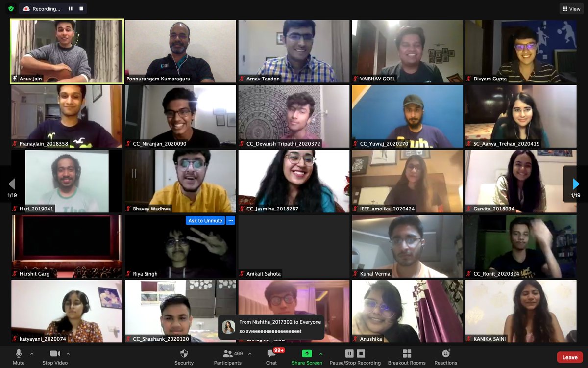 ponguru's tweet photo. 😍 performance by @AnuvJain as part of Cadence'21 500+ students on call 😯😯 #DeanGiri #CulturalCommitteeRocks #IIITDStudentsRock #CreatingMemoriesatIIITD \c @IIITDelhi https://t.co/V63IYMtQgq