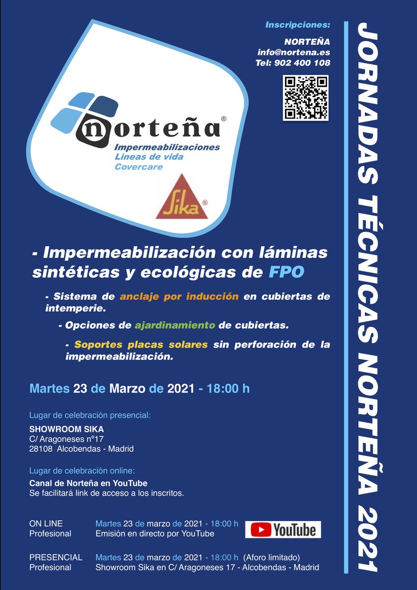 Si estás interesado o vas a proyectar sistemas de cubierta que llevan impermeabilización del tipo cubierta DECK, invertida, tradicional o ajardinada este curso te interesa. #ingenieros <a href="/SikaSpain/">Sika España</a> <a href="/asociirioja/">Asociación Ingenieros Industriales de La Rioja</a> 

🗓️Martes 23 de marzo
⏰18:00 h 

📲nortena.es/jornadas.html