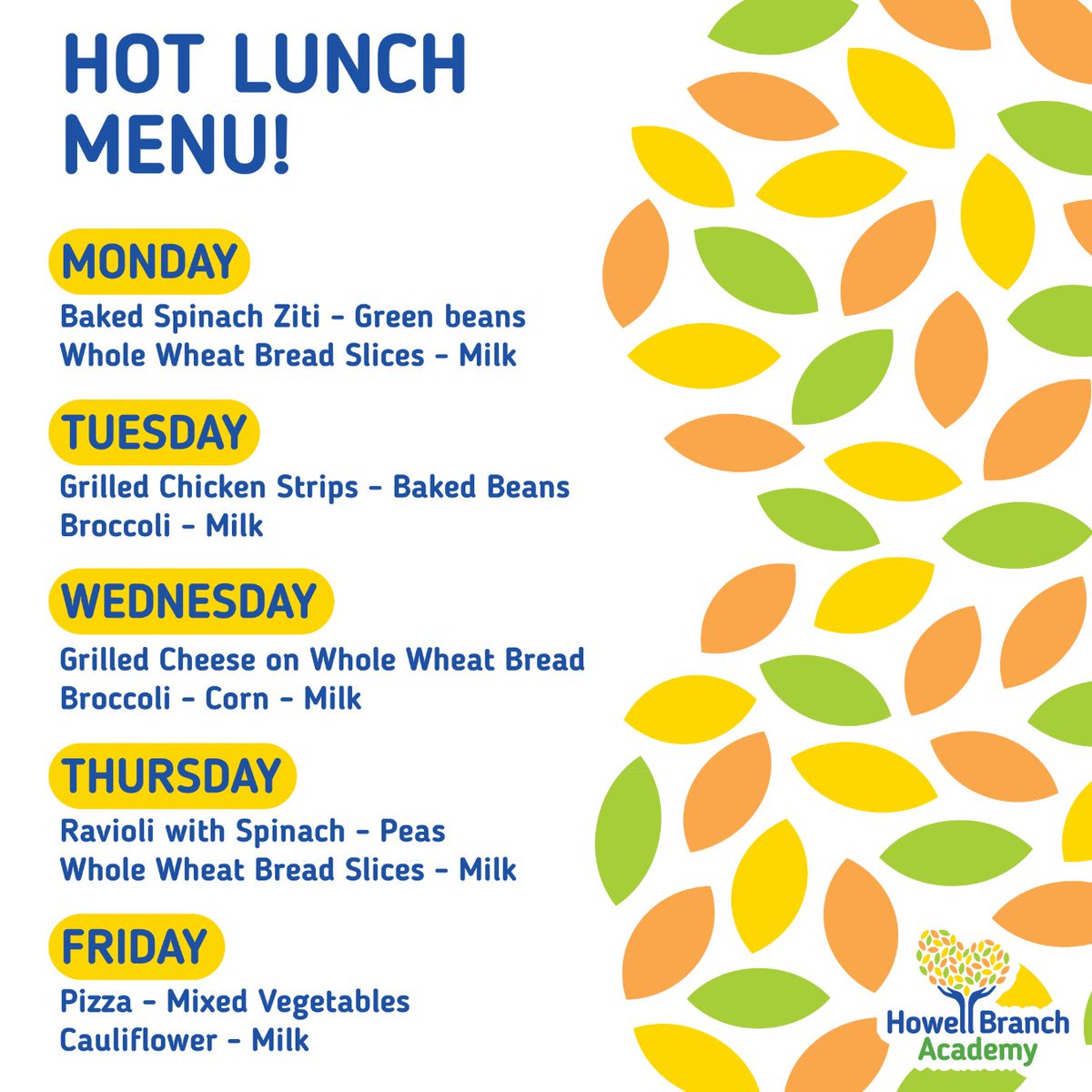 howell_branch's tweet photo. Here is this week's Hot Lunch Menu! 
#HBAkids #nutrition #healthykids #childcare #goodfood #HBAkids #nutrition #healthykids #childcare #goodfood #agreatplacetoeat #agreatplacetoeat https://t.co/c81IXSN8N4