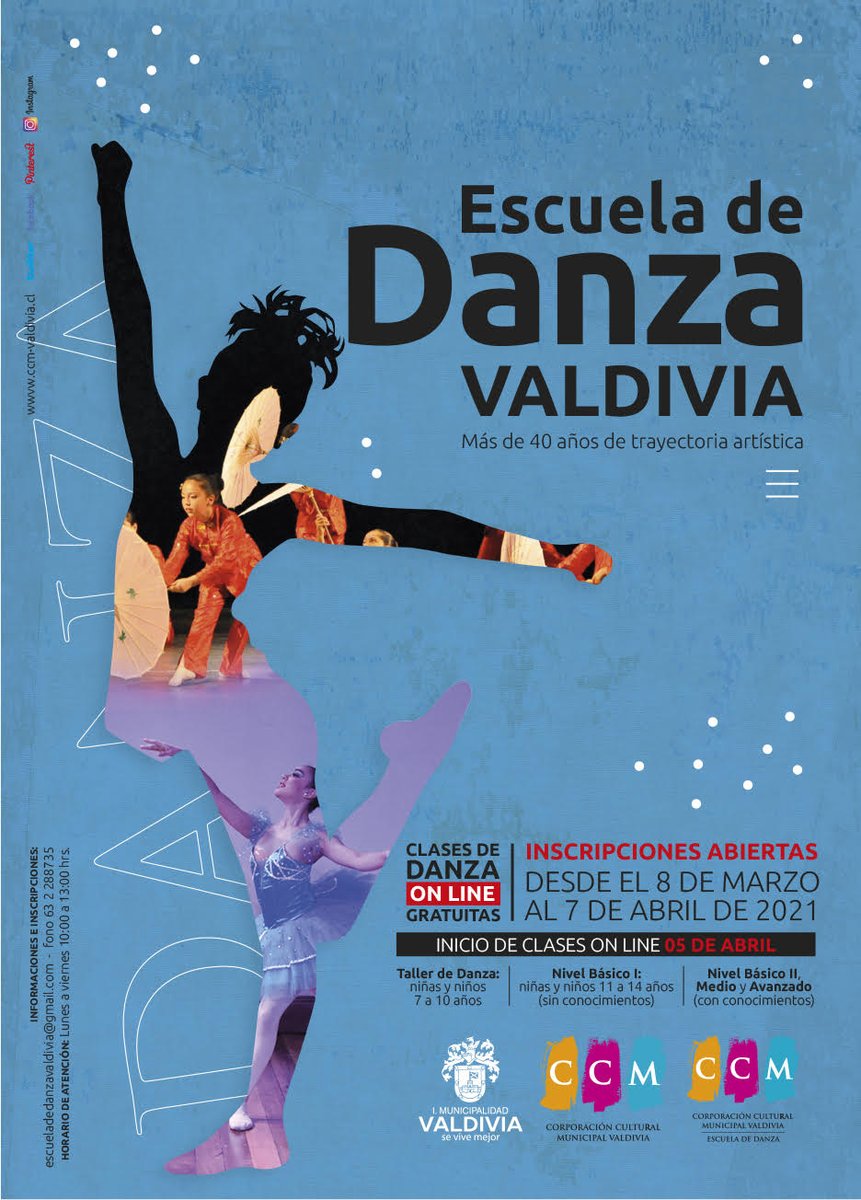 Clases de danza desde los 7 a 14 años para niñ<a href="/s/">『S』</a> y jóvenes sin conocimientos.
▶️ Niveles básico II, medio y avanzado para alumn@s antiguos o con conocimiento. 
➡️ Aprenderás de maestros con vasta carrera en la danza 
¡Inscríbete ya!👇
escueladedanzavaldivia@gmail.com #ValdiviaCL
