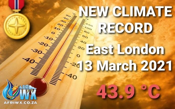 afriwx's tweet image. 📢 BREAKING
🎖️Official New Climate Record! 🎖️

East London 13 March 2021
43.9 °C 

The previous highest temperature measured was 42.6ºC in 1955.

SAWS- "We can confirm that East London recorded 43.9 degree Celsius between 13H00 and 14H00”

#AfriWX #climaterecord #toohot