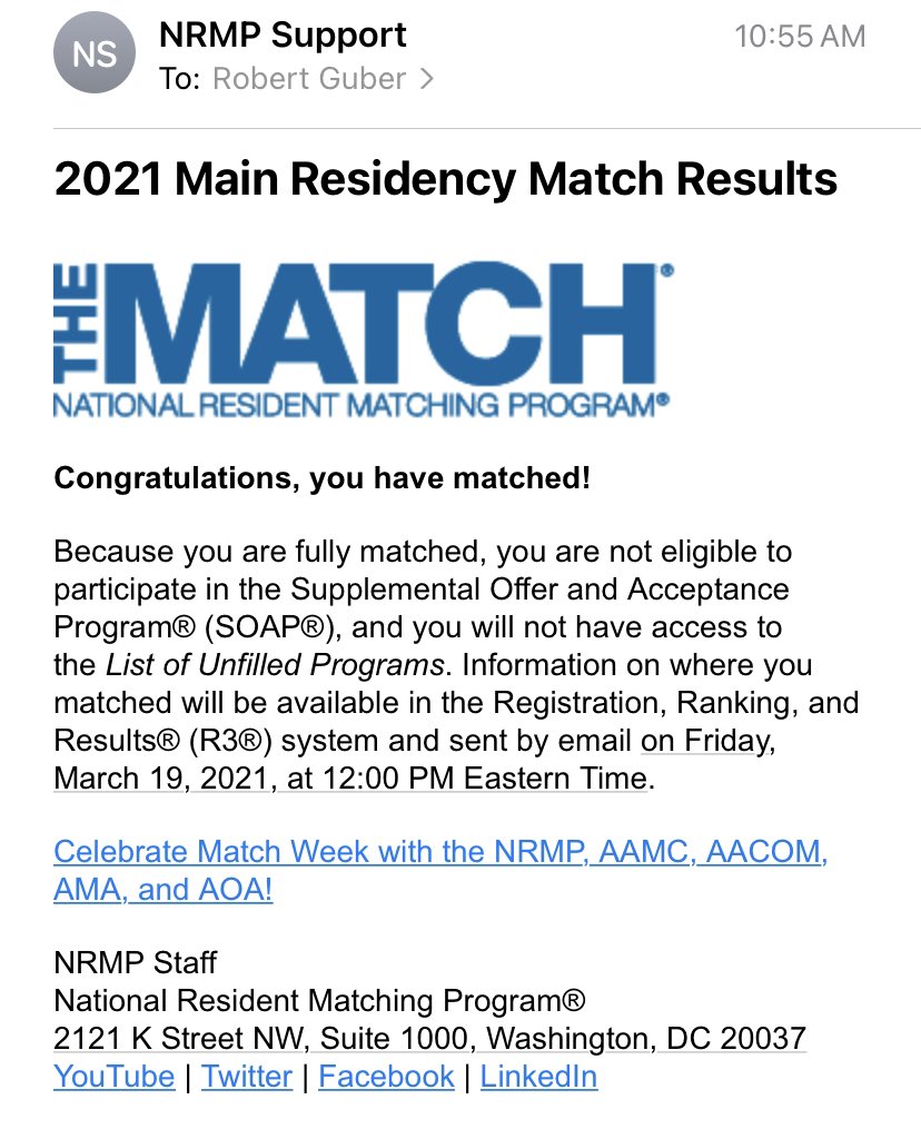 Best feeling in the world opening this email! Officially going to be a General Surgeon!! Can’t wait for Friday!!! #MatchDay2021 #GenSurgMatch2021