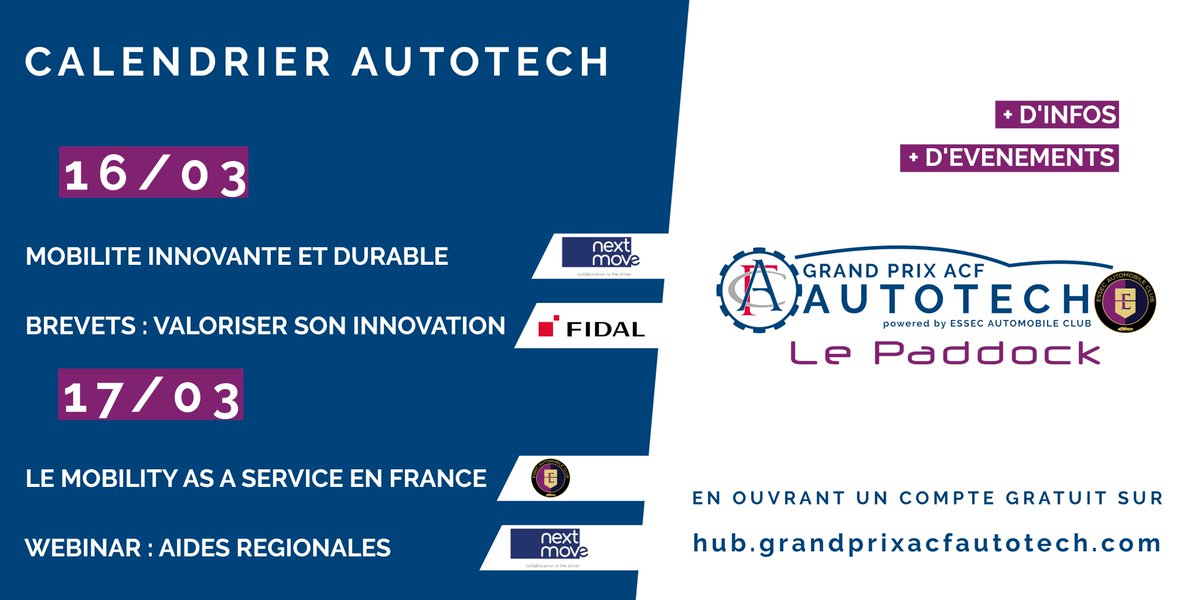 Grand Prix ACF AutoTech (@gpacfautotech) on Twitter photo Ayez l'agenda #AutoTech dans votre poche ou sur votre ordinateur en rejoignant gratuitement : hub.grandprixacfautotech.com <a href="/essecalumni/">ESSEC Alumni</a> #Startups #Innovation #ConnectedCar Billetterie du #GPACF2021 le 15 avril à 18h30 disponible sur ce site également après ouverture de compte Ayez l'agenda #AutoTech dans votre poche ou sur votre ordinateur en rejoignant gratuitement : hub.grandprixacfautotech.com <a href="/essecalumni/">ESSEC Alumni</a> #Startups #Innovation #ConnectedCar Billetterie du #GPACF2021 le 15 avril à 18h30 disponible sur ce site également après ouverture de compte