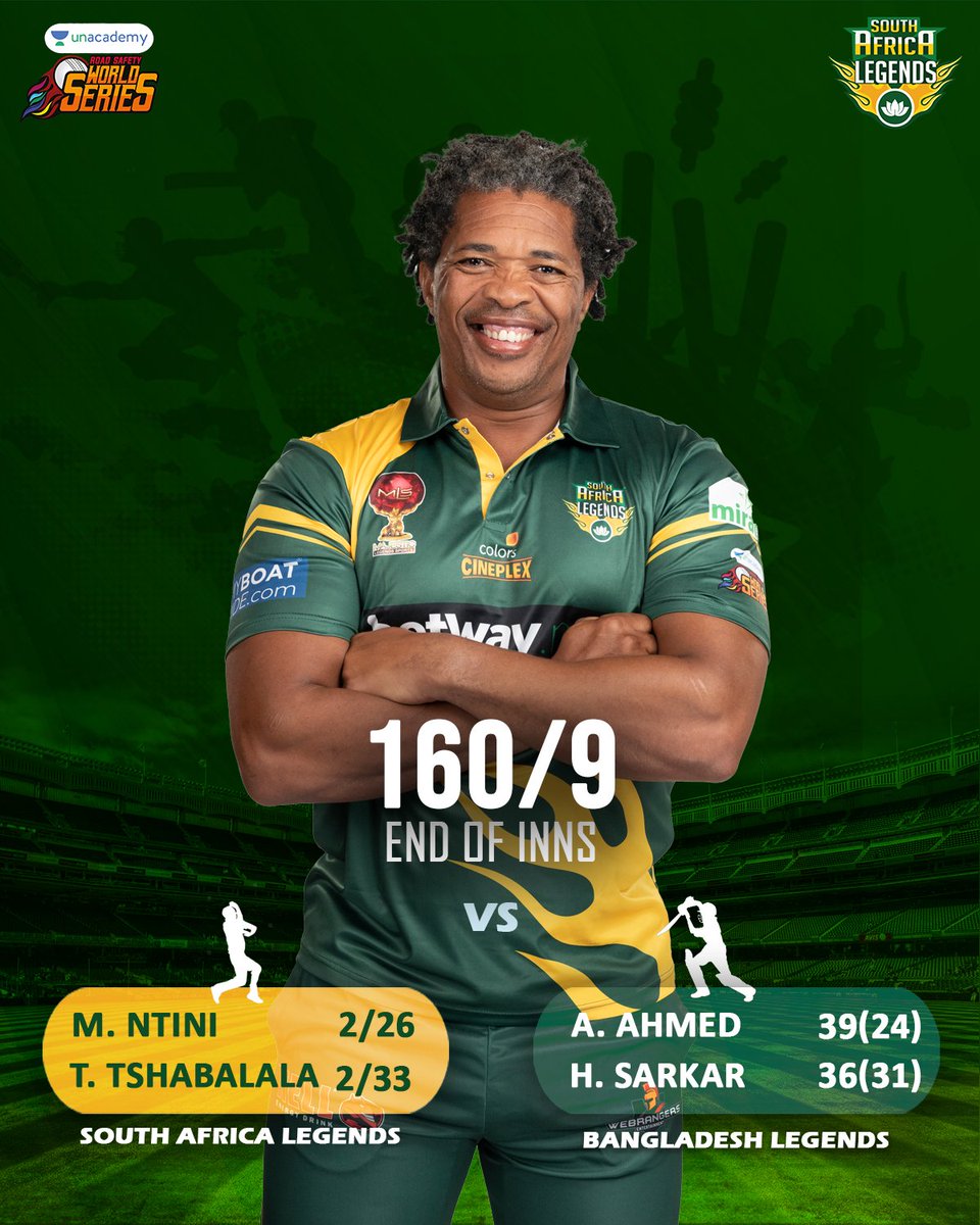 SAfrica_legends's tweet photo. An inspired fightback by our bowlers in the last 5 overs of the match!🔥
Over to our batsmen now!🏏🏏🇿🇦🇿🇦

#SALvsBanL 
#yehjunghailegendary #battleoflegends #unacademy https://t.co/KFHIX6bQGj