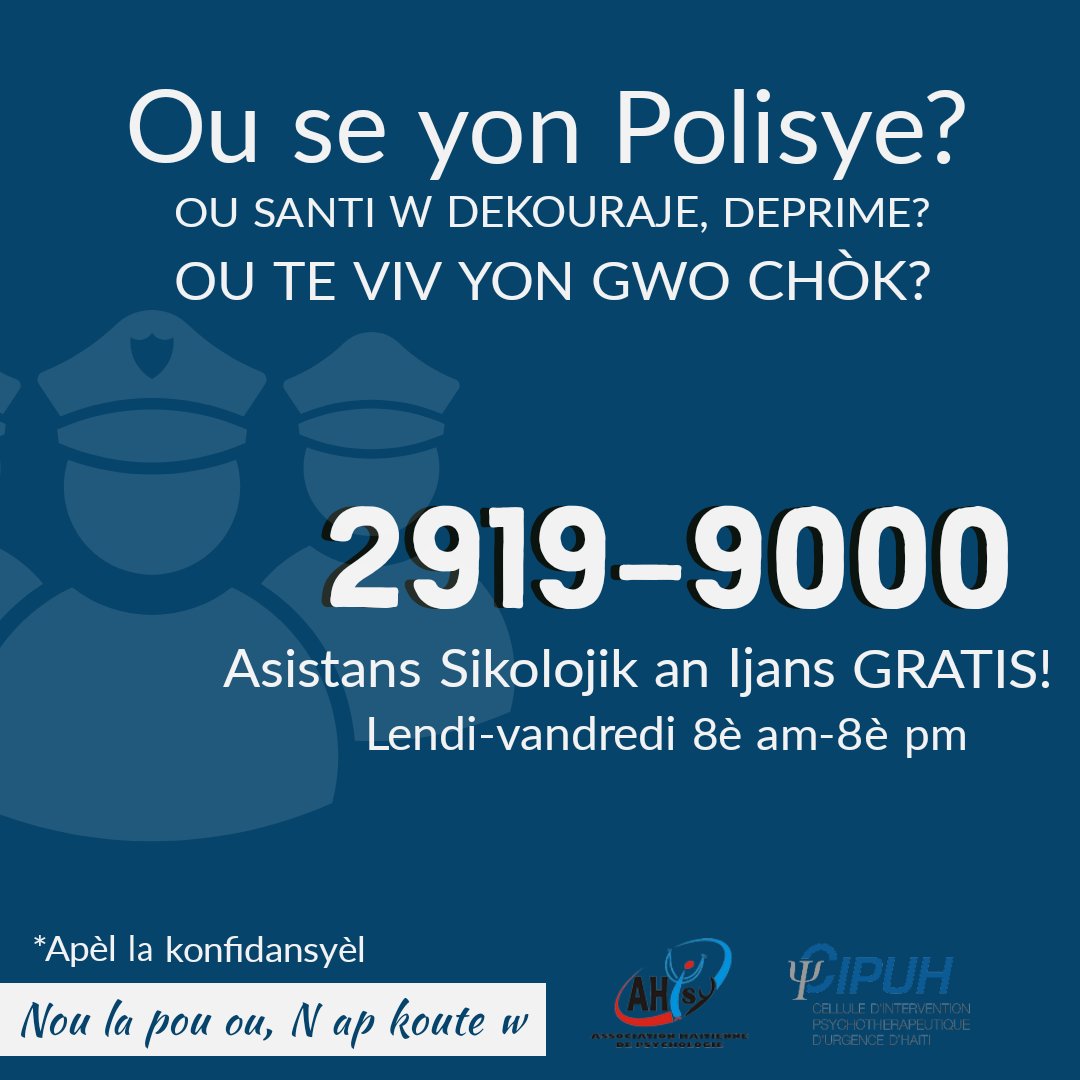timvalda_'s tweet image. Ou se yon Polisye? Ou santi w deprime, dekouraje....ou te viv yon gwo chòk? Pwofesyonèl Sante Mantal CIPUH yo la pou ou. Rele pou asistans sikolojik! Sante mantal ou enpòtan! 
Pataje mesaj sa avèk yon polisye on santi ki bezwen sa.