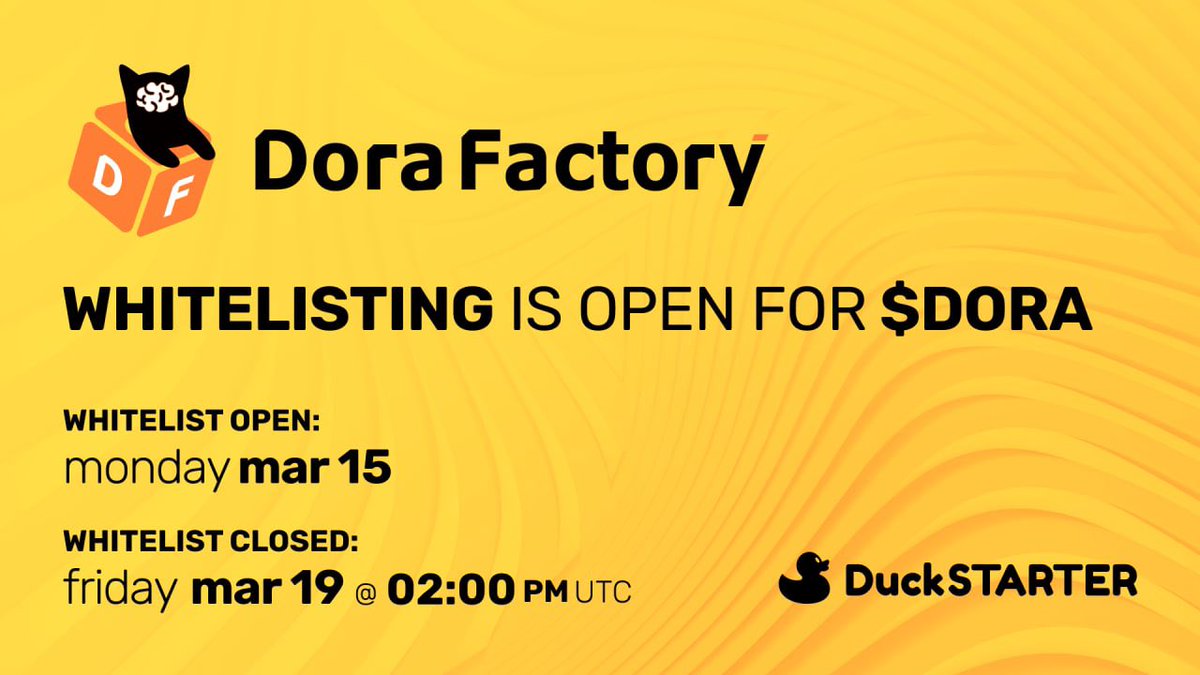 💪 The time is now!⚡️

The Dora Factory $DORA whitelist is now open! 

Follow 
<a href="/DoraFactory/">Dora Factory</a>
 &amp; 
<a href="/dao_duck/">DuckDAO 🐣</a>

Like, RT, and Tag 2️⃣ Friends 

🐥 Find out how to participate: medium.com/duckdao/dora-f…

$DUCK $DORA #DeFi #venture #blockchain #crypto