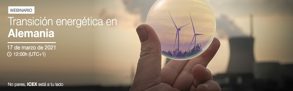El miércoles 17 de marzo ICEX España Exportación e Inversiones, junto con la Oficina Económica y Comercial de Berlín, organiza un webinario sobre la #transiciónenergética en Alemania 🇩🇪. Inscríbete aquí: bit.ly/2ORt2Fa