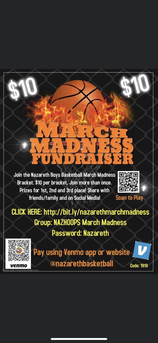 Join our March Madness Fundraiser for the Nazareth Boys Basketball program.  The link to participate is below. 
bit.ly/nazarethmarchm…

Group Name: NAZHOOPS March Madness
Password: Nazareth

Cost per bracket is $10
Pay using Venmo app or website
@nazarethbasketball 
code: 1919