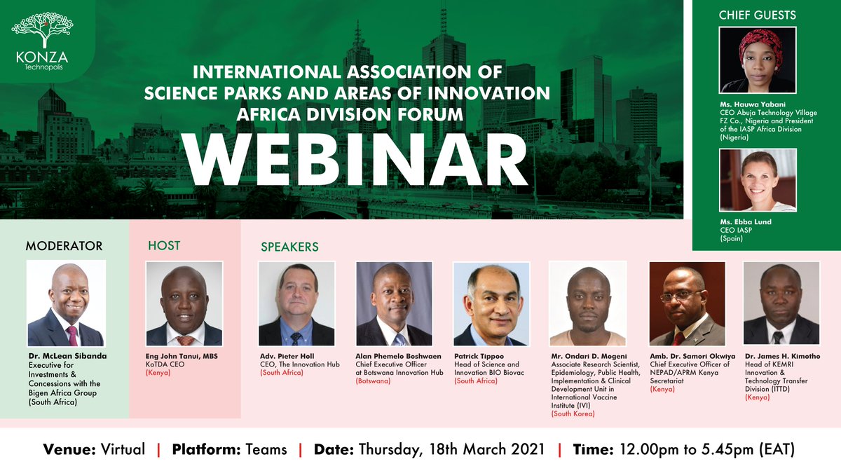 Exploring the place of #scienceparks &amp; #areasofinnovation in Africa's economic recovery: join us for an IASP webinar on March 18th organised by our colleagues at <a href="/konzatech/">Konza Technopolis Development Authority</a>, featuring #IASPmembers and other experts from across the continent 

Register at docs.google.com/forms/d/e/1FAI…