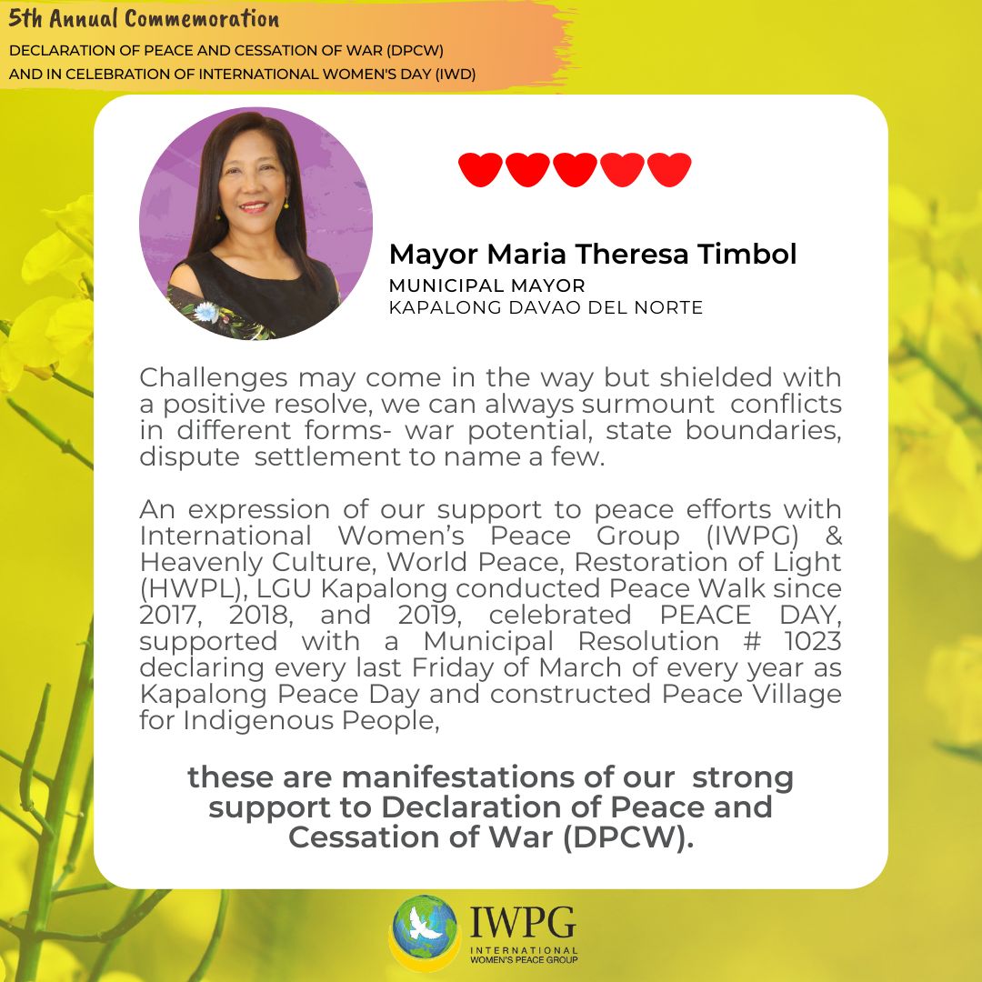 IWPG Branch Manager  Mayor Maria Theresa Timbol shared her peace efforts and good governance in her municipality. Thank  you so much Mayor  for spreading the culture of peace in Kapalong, Davao Del Norte and IWPG believes that you can spread  peace to the whole world.
#iwpg #DPCW