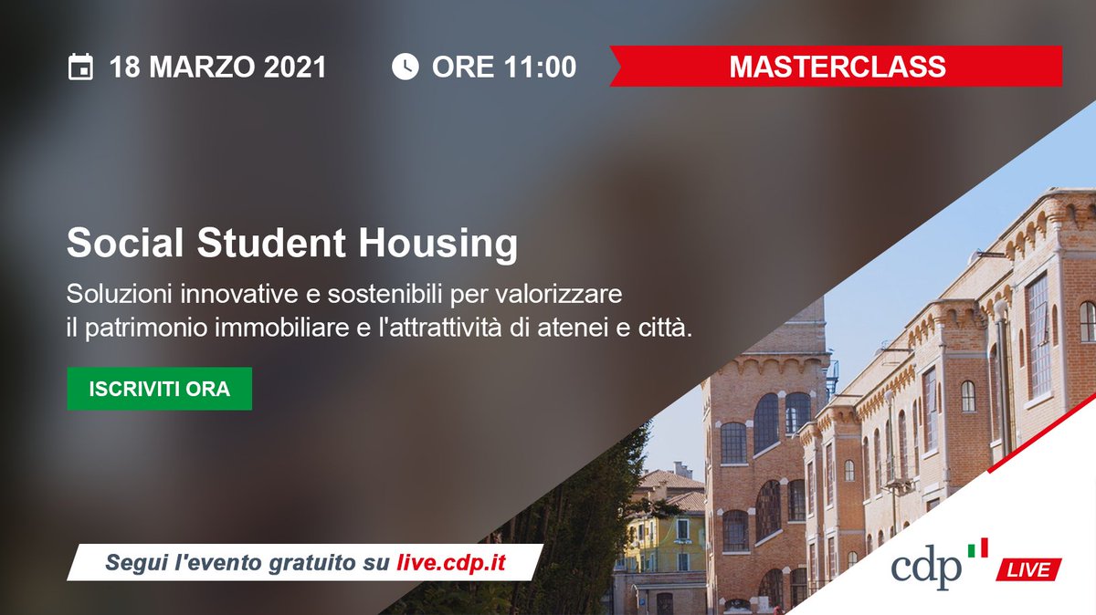 GruppoCDP's tweet photo. 🗓️ #SavetheDate
Le #residenzeuniversitarie per la valorizzazione degli #atenei e la riqualificazione delle città: ne parliamo alla #masterclass "Social Student Housing" giovedì 18 marzo dalle ore 11.00. Iscriviti all'evento gratuito su #CDPLive ⤵️
https://t.co/M9O8FxhbGr https://t.co/AULSqPN3zC