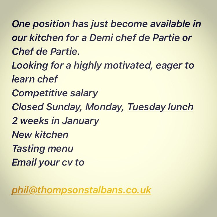 Looking for 1 chef to join our amazing kitchen team 

#newkitchen #tastingmenu #progression #stalbans #cheflife #newchallenge