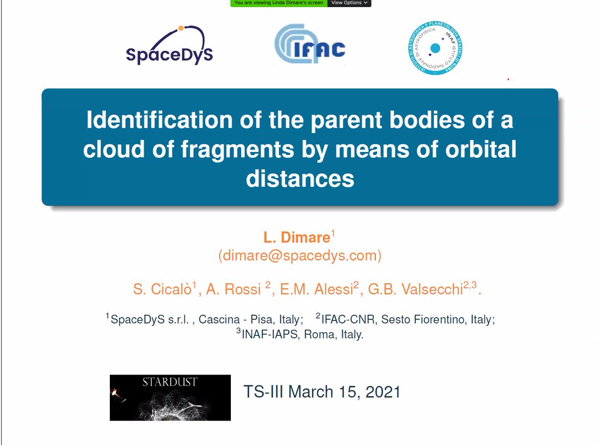SBubberio's tweet photo. The first day of the #Stardust-R Training School III continues with a talk by Linda Di Mare (SpaceDyS, Italy) titled "Identification of the parent bodies of a cloud of fragments by means of orbital distances"

@Stardust_H2020 @SpaceDyS 

#asteroids #TSIII https://t.co/HAiNmyiPHj