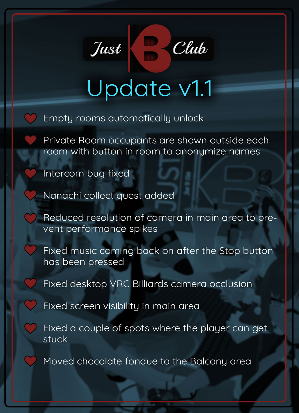 Blue on X: Just B Club updated - important private rooms additions,  intercom bug fixed and Nanachi collect quest added. Let me know if I've  broken anything! Thanks again for supporting the