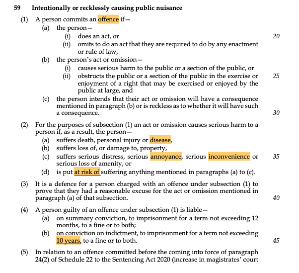 If you thought the £200 fines for demonstrators was bad... try 10 year prison sentences.

Because the #PolicingBill would create an offence of putting someone at risk of annoyance or *disease*. 

A vote for the Bill is a vote to put protest rights under lockdown again, and again.