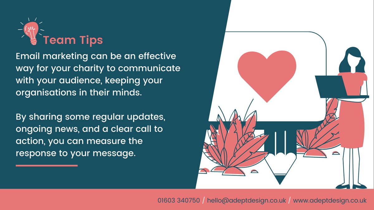 Adept_Design's tweet photo. This weeks #teamtip highlights the importance of #EmailMarketing as a way of communicating with your #audience! π‘π
If you are in need of help with your #charitymarketing, get in touch today! β¨
#charitydesign #designagency #norfolk https://t.co/3ZpsDlFHWG