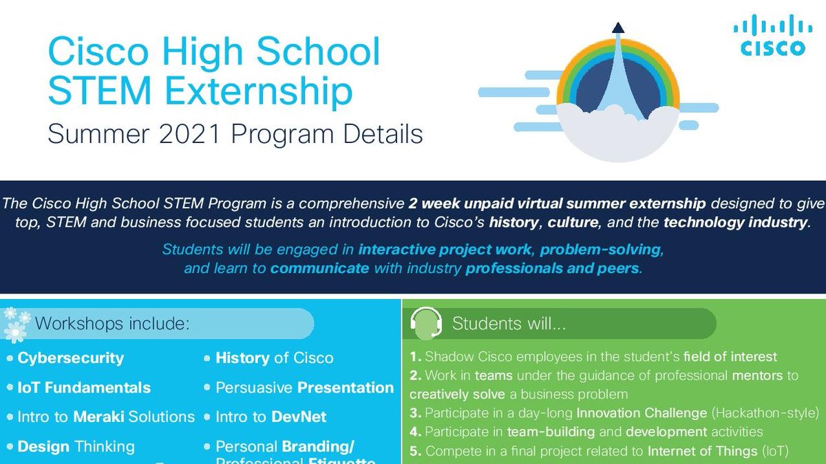 NBHS_CIMC's tweet image. Interested in a Career in STEM? Students
@GMHSclassof2021 & @garner2022 are invited to apply for the @Cisco High School STEM Externship. #InteractiveProjects, #ProblemSolving, & JobShadow. Must have a minimum GPA of 3.0 & an interest in STEM. See attached flyer. Apply by April 4.