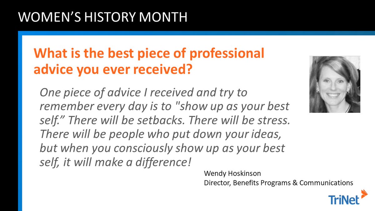 TriNet's tweet photo. All month long we are celebrating #WomensHistoryMonth by sharing insightful and inspirational content from TriNet colleagues on the best professional advice they ever received!
#MotivationMonday #womenleaders #IncredibleStartsHere #TriNetLife #TriNetColleagues #companyculture https://t.co/c7HoJiTYmn