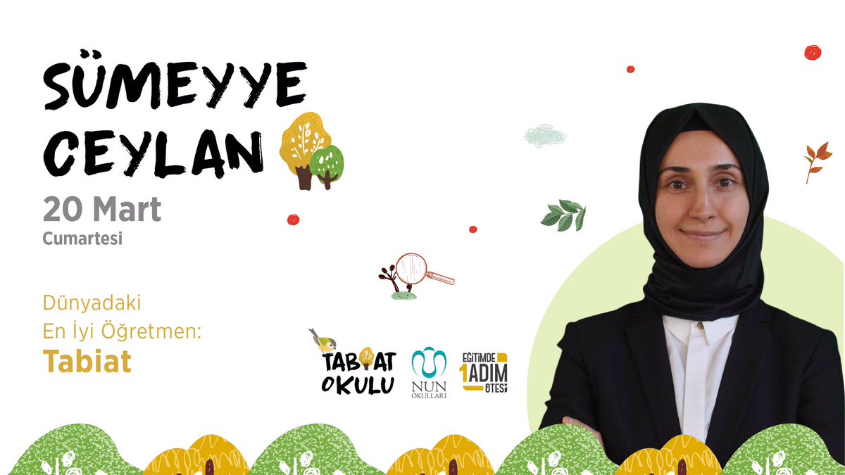 20 Mart tarihinde gerçekleştireceğimiz Tabiat Okulunda, “Dünyadaki En İyi Öğretmen: Tabiat” başlıklı oturumda Sümeyye Ceylan da bizimle olacak. 
Başvuru için linke tıklayın! egitimdebiradimotesi.com/basvuru/tabiat…