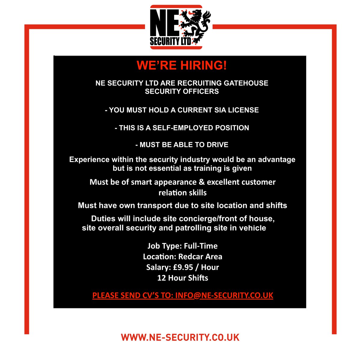 NESecurityltd's tweet photo. WE ARE HIRING! ๐จ
NE Security are looking for Gatehouse Security Officers to join our team. ๐ฎ
Please refer to our job advert for role requirements. ๐
All applicants to send in CV's by email to: info@ne-security.co.uk ๐ฉ
#NESecurity #NorthEastSecurity #Hartlepool #NorthEast https://t.co/i2EWiyOAIz