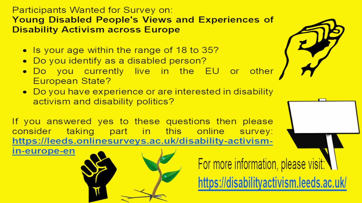 Dr Miro Griffiths MBE (@mirogriffiths) on Twitter photo Latest #project exploring young #disabled people's experiences of #disability #activism/#politics across #Europe has launched!
Consider taking part in the #online #survey – disabilityactivism.leeds.ac.uk/getting-involv…
For more information – disabilityactivism.leeds.ac.uk
Please #share
#CripTheVote Latest #project exploring young #disabled people's experiences of #disability #activism/#politics across #Europe has launched!
Consider taking part in the #online #survey – disabilityactivism.leeds.ac.uk/getting-involv…
For more information – disabilityactivism.leeds.ac.uk
Please #share
#CripTheVote