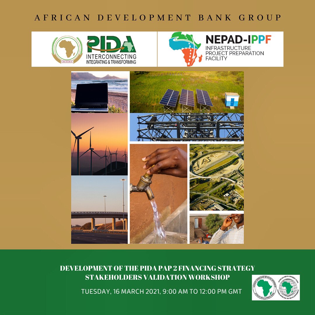 ippfnepad's tweet image. PIDA PAP 2 FINANCING STRATEGY 

STAKEHOLDERS VALIDATION WORKSHOP

Tuesday, 16 MARCH 2021, 9:00 am to 12:00 pm GMT

#PIDAPAP2
#AFDB
#NEPADIPPF