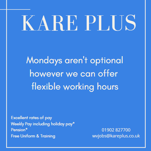 KarePlusWolver1's tweet photo. Flexible working hours available with Kare Plus 
Call us on 01902 827700 
#wolverhampton #kareplus #walsall #dudley #kidderminster #stourbridge #hca #nurse https://t.co/Nnw4DqxERB