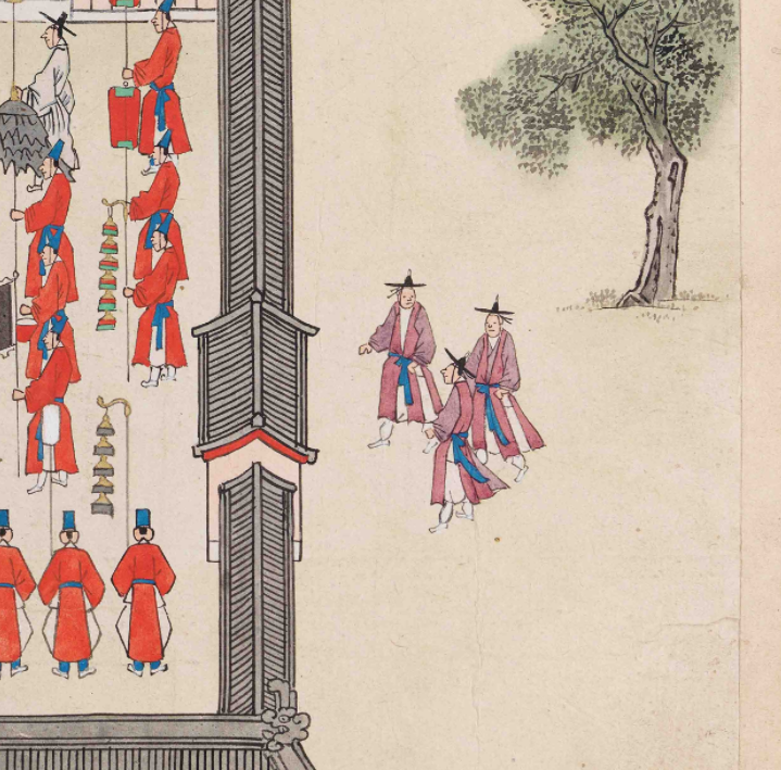 고궁박물관 소장 왕세자 성균관 입학도에서 밖에서 어슬렁 들어오는 세 사람