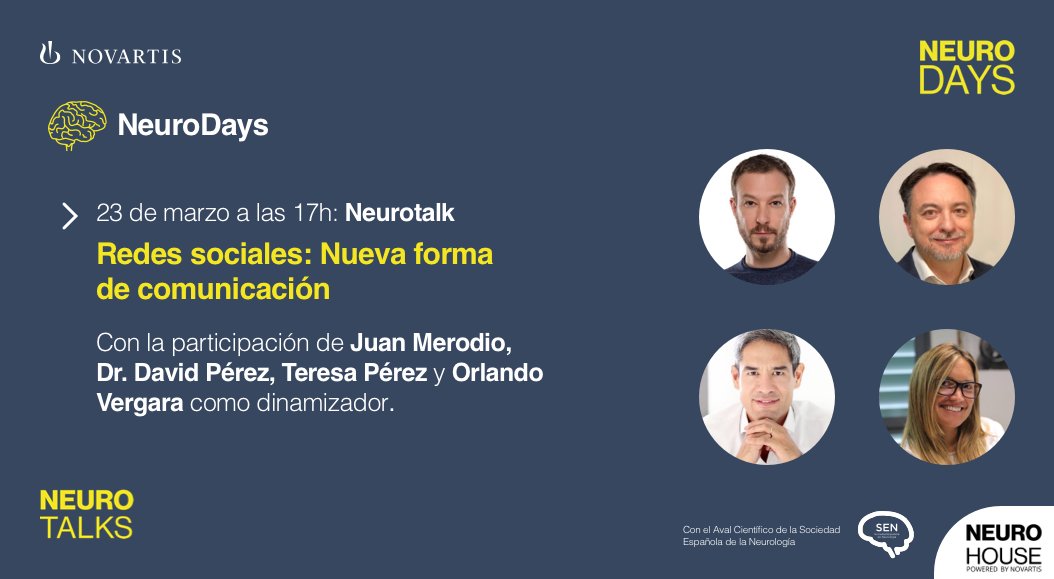 EnfSaludDigital's tweet photo. 📢 #NeuroDays #NeuroTalks de @NovartisSpain
🗓️Martes 23/03 de 17h-18'15h participo en el #NeuroTalk Perfil personal en redes sociales, una nueva forma de comunicación con grandes expertos
👉https://t.co/HUFNhv5D24
😊Gracias @OrlandoVC11 con contar conmigo
#NeuroRed https://t.co/npDX9b4Nw5