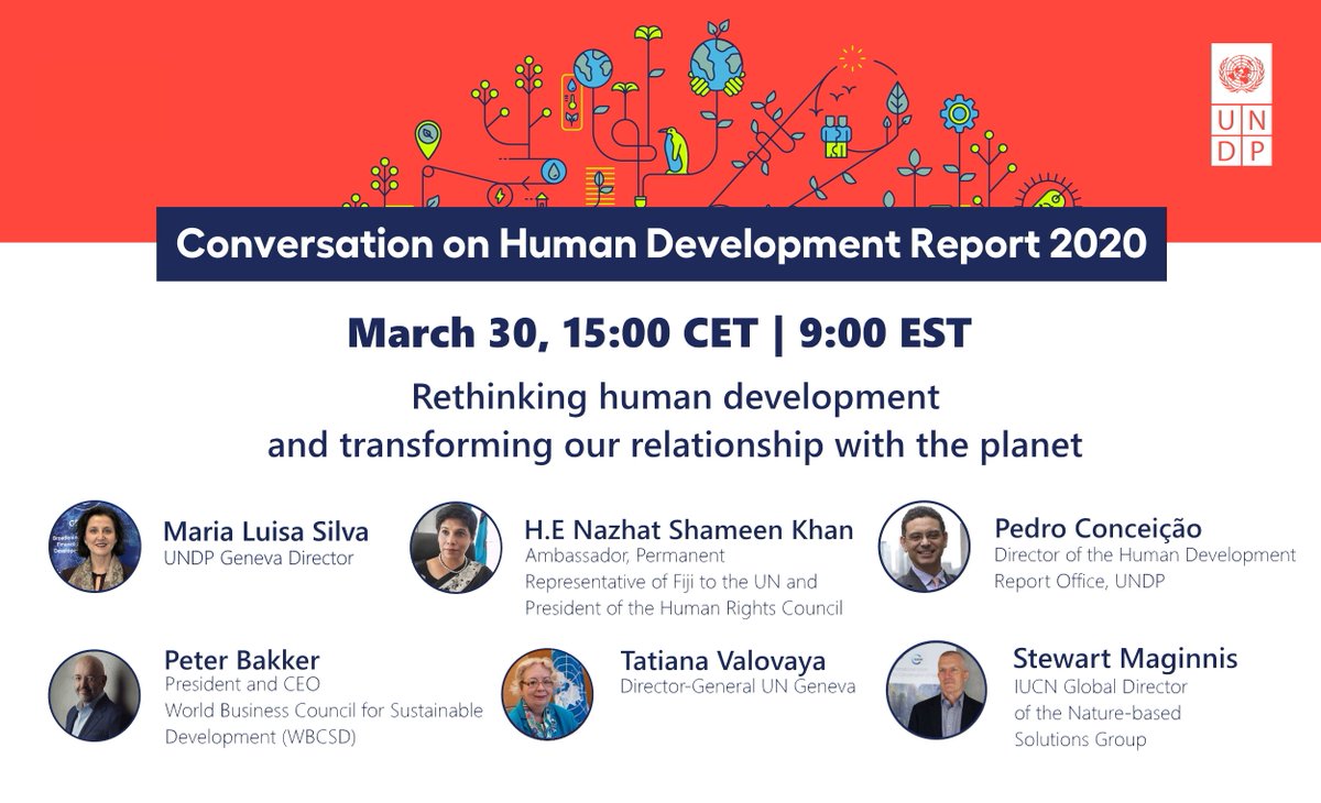 UNDPGeneva's tweet image. SAVE THE DATE: #HumanDevelopment at the expense of the planet is 𝒏𝒐𝒕 development at all. On March 30th @nazhatskhan @MPB_WBCSD &amp;amp; @pedrotconceicao will discuss findings of @UNDP&apos;s new #HDR2020. Register here: lnkd.in/d6NxBxR #ForPeopleForPlanet