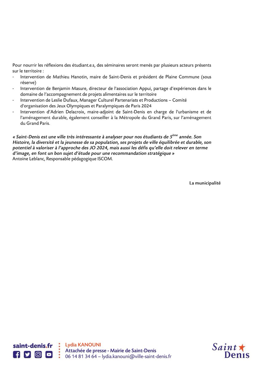 I COMMUNIQUÉ DE PRESSE I
La Ville de Saint-Denis s'invite sur les bancs de l'ISCOM pour challenger les étudiant.e.s en matière d'innovation urbaine ⬇️