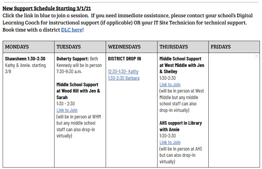 Need some digital learning support? Check out the new schedule with middle school support times on Tuesdays, Wednesdays and Thursdays.  #digitalearning #weareandover #teachershelpteachers
ow.ly/oG8p50DYXef