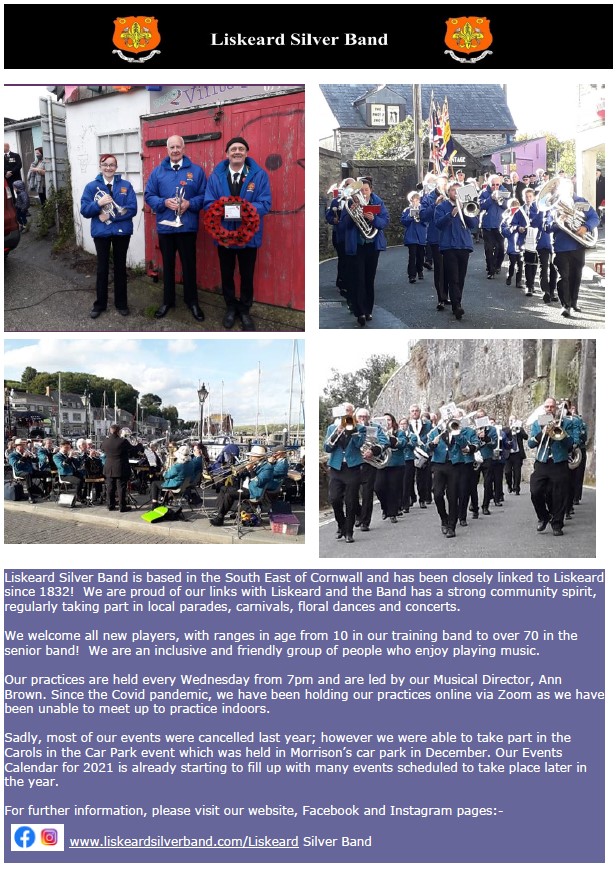 LiskeardCouncil's tweet photo. Today we focus on #Liskeard Silver Band.
The band welcomes new players, whether they can already play an instrument or wish to learn. Practices are held on Wednesdays, currently via Zoom.
https://t.co/dOcx1nzQ32
#VirtualCommunityFair https://t.co/9IsuWCv9P8 https://t.co/vJCRxquh4b