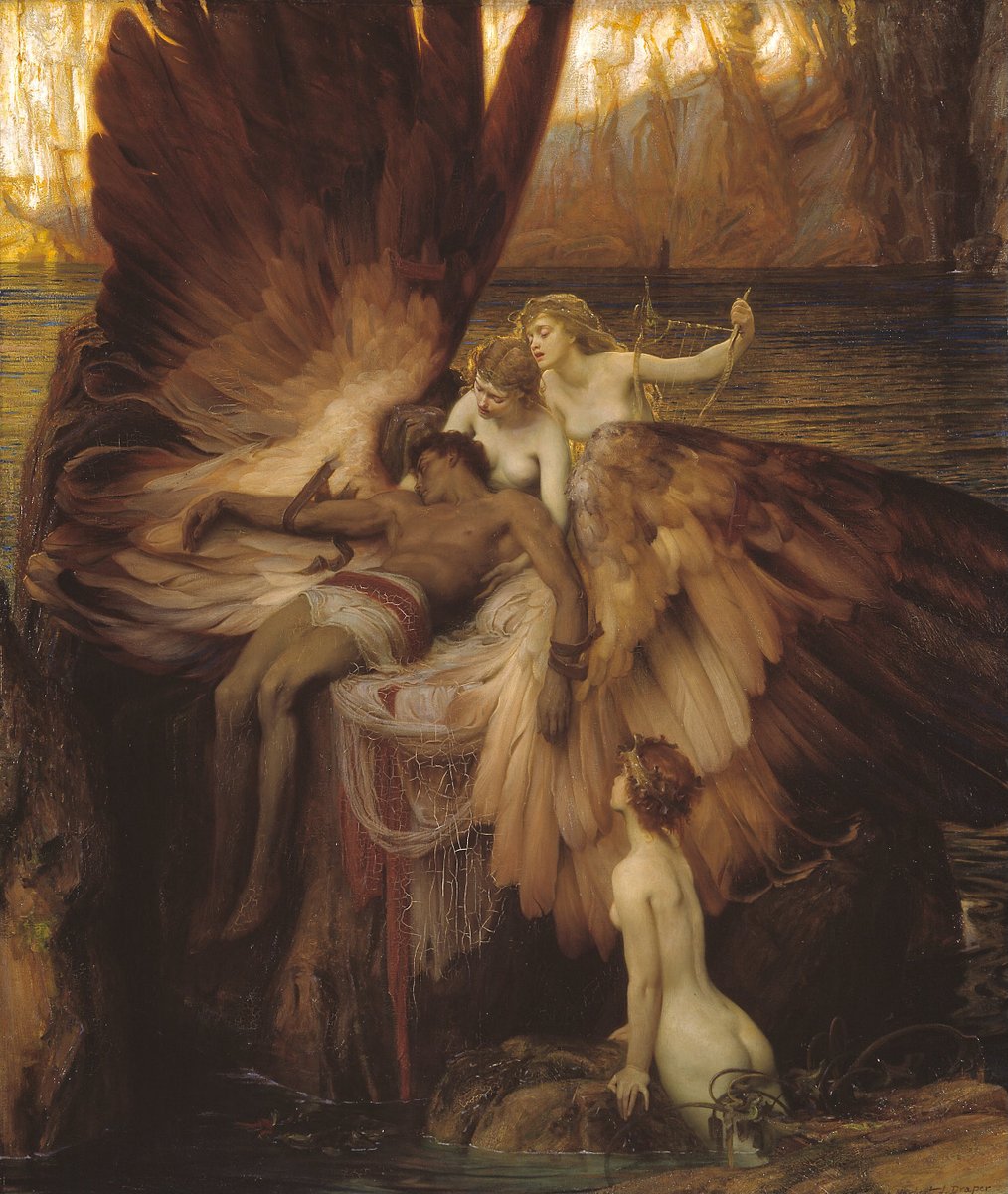 EuropeanArtHIST's tweet photo. The Lament for Icarus – Herbert James Draper, 1898. 
This picture shows the dead Icarus from Greek mythology. He is surrounded by lamenting sea-nymphs. His father, the craftsman Daedalus, made wings out of wax so that he and his son might escape from the island of Crete... https://t.co/8RWcDVT9qb