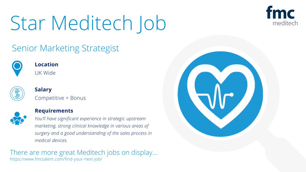 This weeks' Meditch Star Job is...

🌟Senior Marketing Strategist🌟

📍UK Wide
💰Competitive + Bonus

You can apply directly here: fmctalent.com/fmc-jobs/senio… 

#marketing #recruitment #starjob #meditech